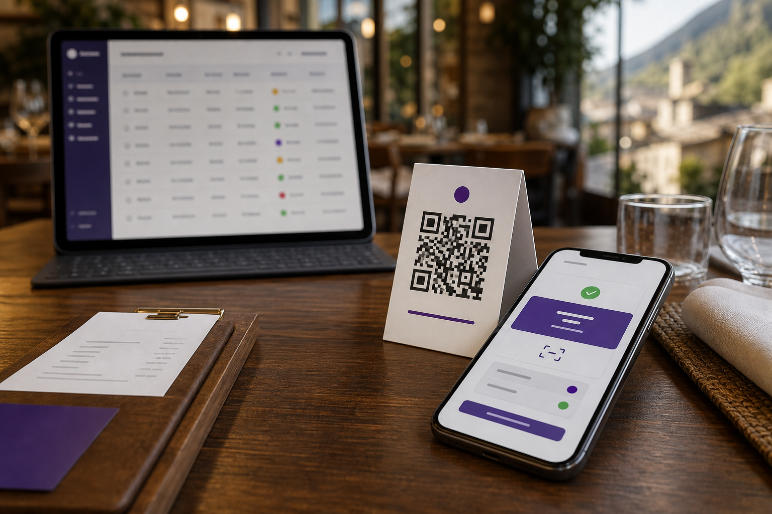 Flux realista de pagament PontPay amb QR físic a taula, mòbil del client i dashboard operatiu al fons